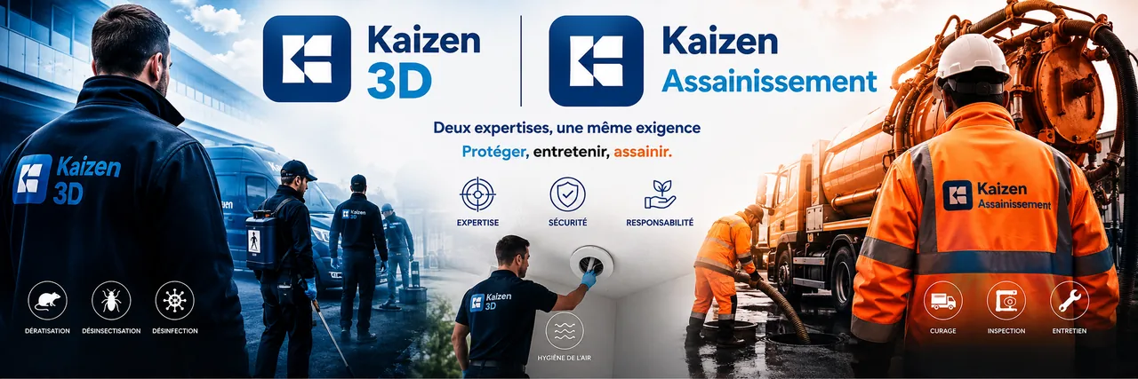 Kaizen Assainissement et Kaizen 3D : deux expertises, une même exigence. Protéger, entretenir, assainir. Dératisation, désinsectisation, désinfection, hygiène de l'air, curage, inspection et entretien.